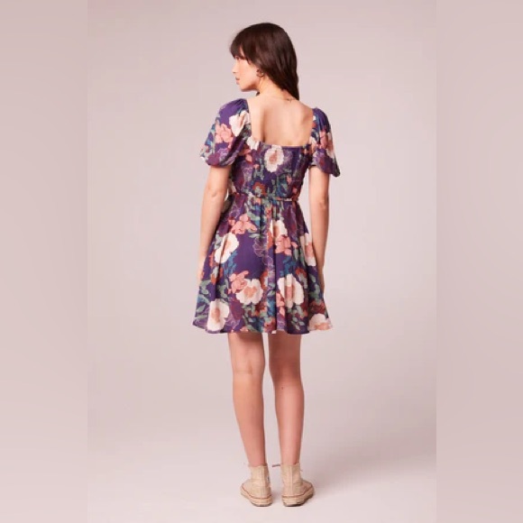 NWT Band Of The Free AIMEE PURPLE FLORAL PUFF SLEEVE MINI DRESS Sweatheart neck - Picture 5 of 5